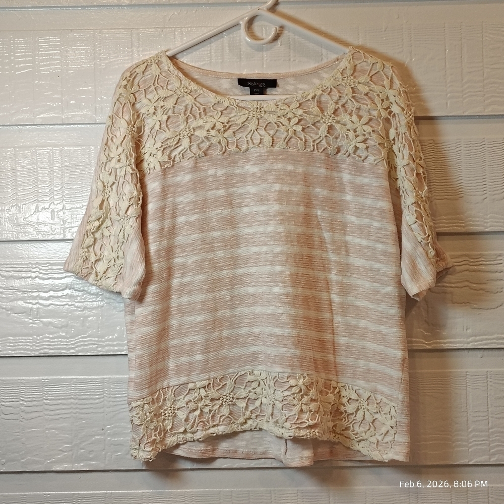 Style & Co Top Womens XL Petite Lace Short Sleeve‎ Cottage Comfy Feminine Stripe